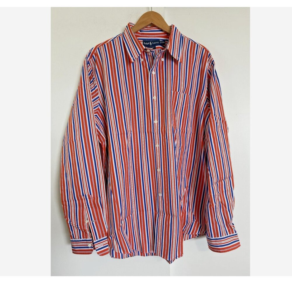 RALPH LAUREN Mens Button Down XXL Shirt Orange Blue Striped Custom Fit